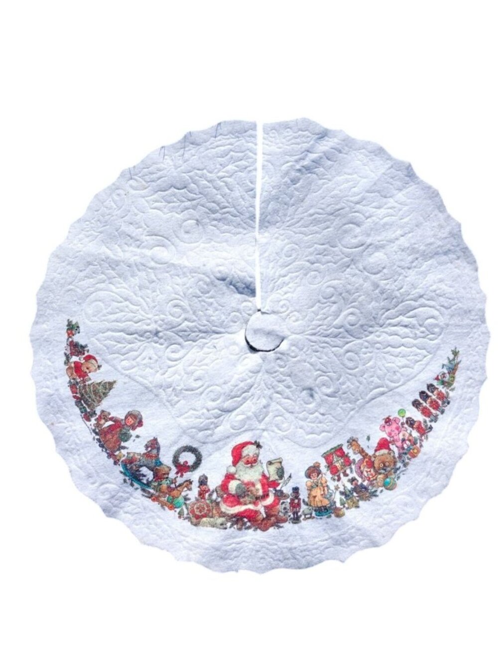 Vintage Felt Christmas Tree Skirt White Embossed Holly Santa Toys Giordano 1984